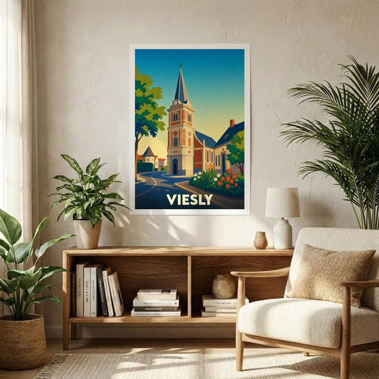 Affiche souvenir de la ville de Viesly illustrant une église et ses environs dans un style graphique épuré.