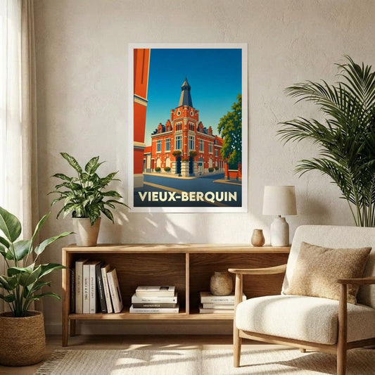 Affiche souvenir de la ville de Vieux-Berquin avec une illustration stylisée de son architecture.