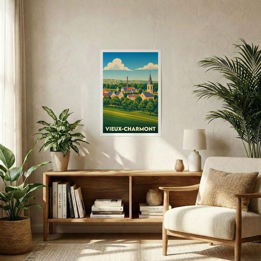 Affiche souvenir de la ville de Vieux-Charmont avec une illustration stylisée de son paysage urbain et champêtre.