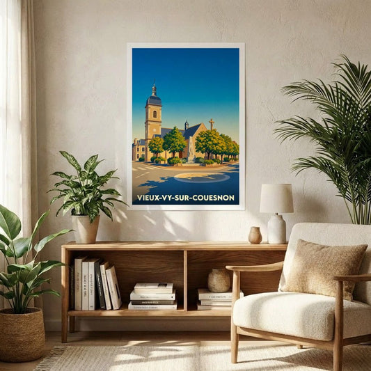 Affiche souvenir de la ville de Vieux-Vy-sur-Couesnon avec une illustration stylisée de son église.