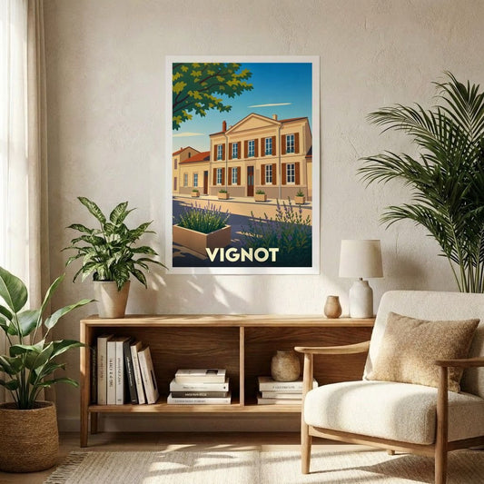 Affiche souvenir de la ville de Vignot avec une illustration stylisée d'un bâtiment classique.