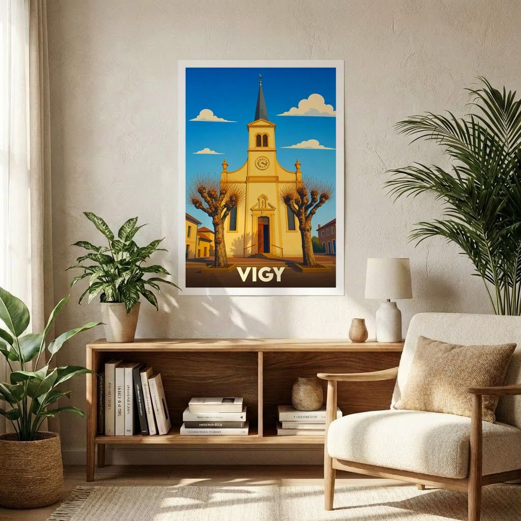 Affiche souvenir de la ville de Vigy avec une illustration stylisée de son église sous un ciel bleu.