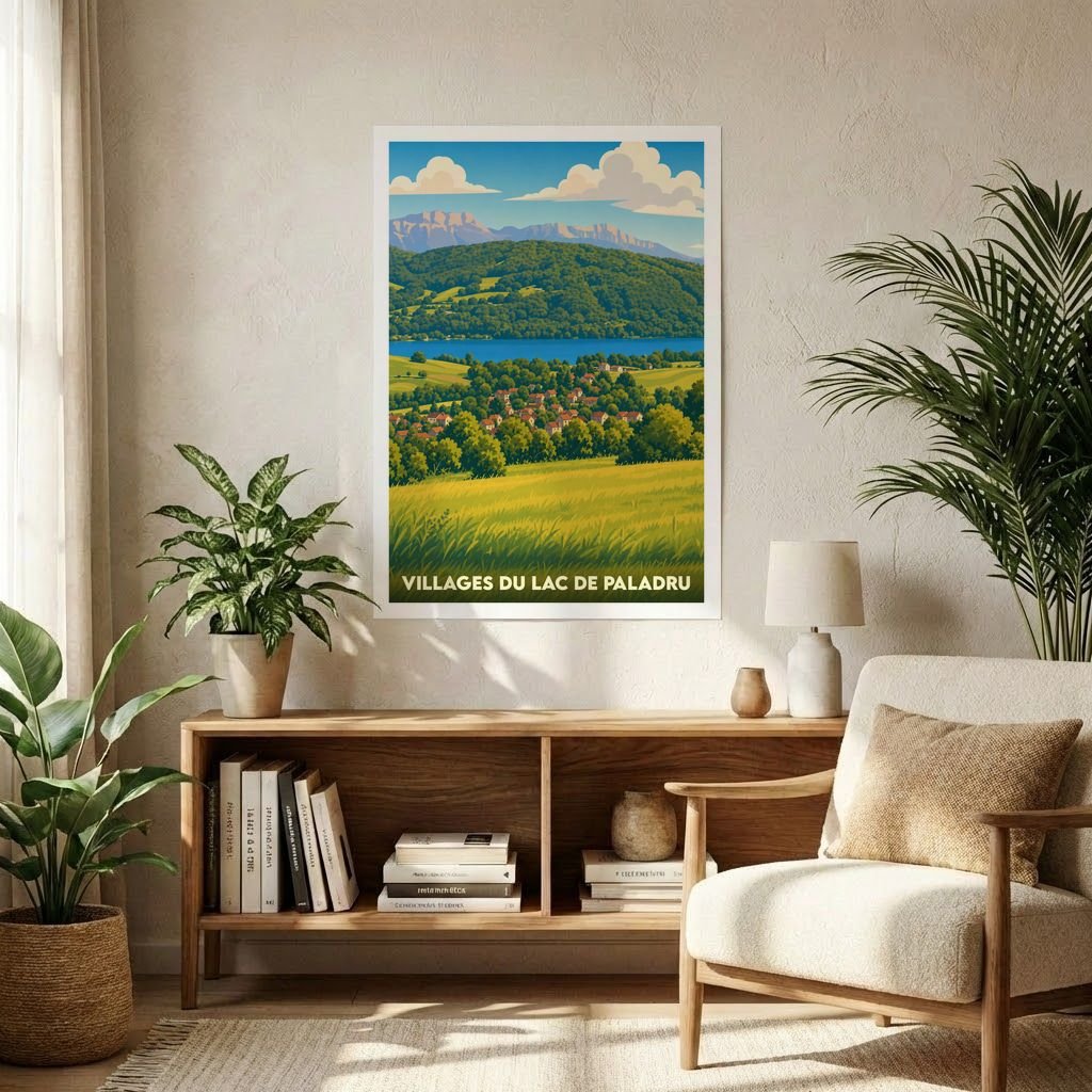Affiche souvenir de Villages du Lac de Paladru avec une illustration stylisée d'un paysage naturel.