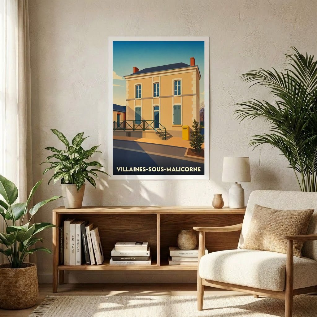 Affiche souvenir de la ville de Villaines-sous-Malicorne avec une illustration stylisée d'un bâtiment emblématique.