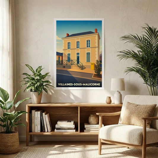 Affiche souvenir de la ville de Villaines-sous-Malicorne avec une illustration stylisée d'un bâtiment emblématique.
