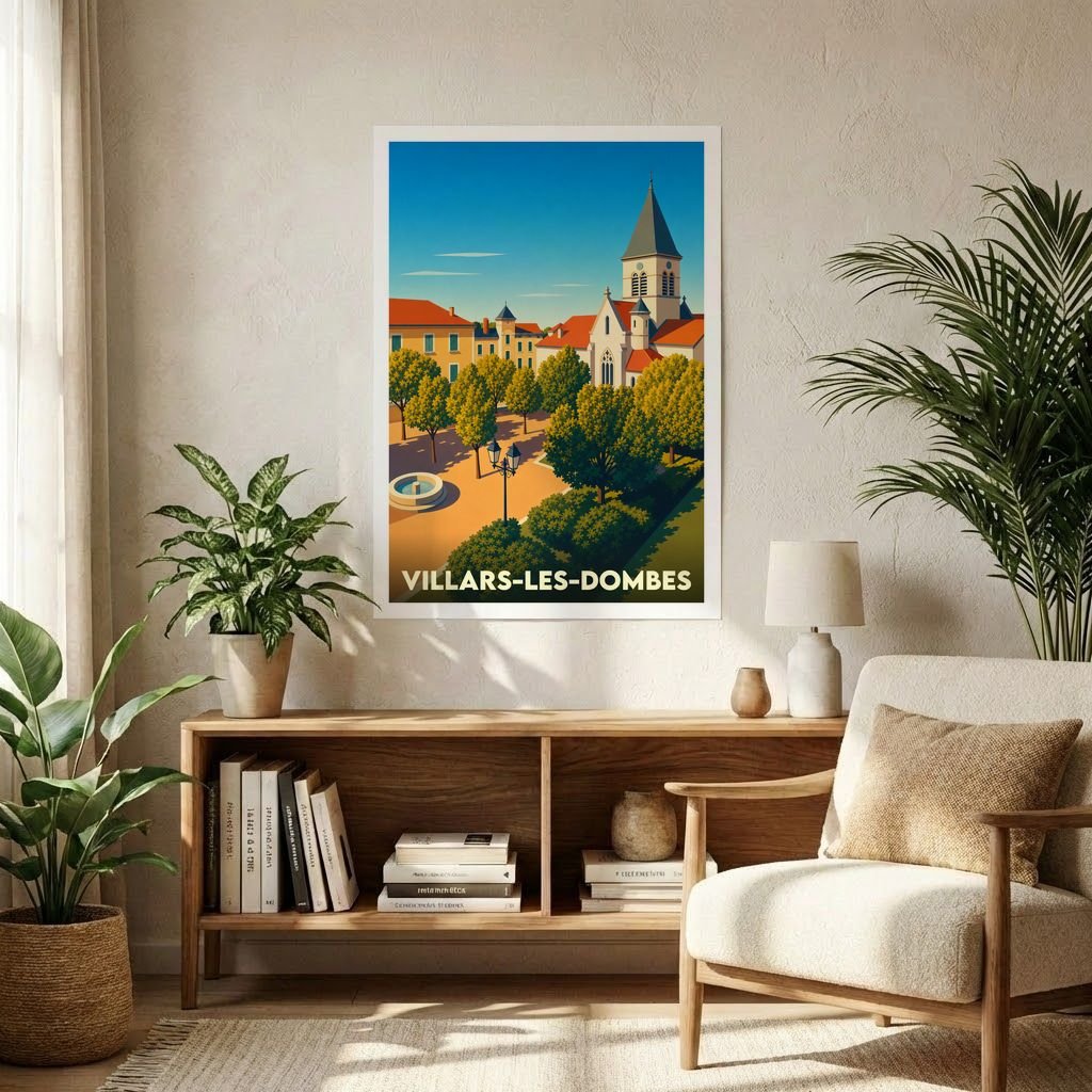 Affiche souvenir de la ville de Villars-les-Dombes avec une illustration stylisée.