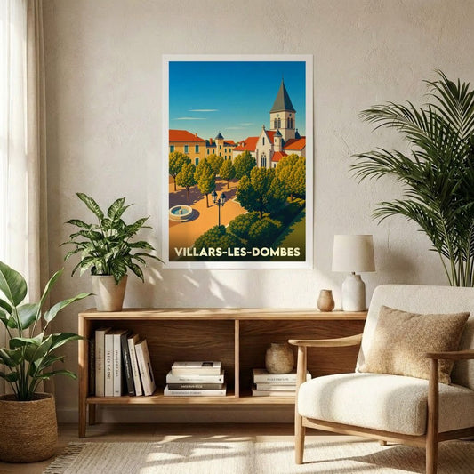 Affiche souvenir de la ville de Villars-les-Dombes avec une illustration stylisée.