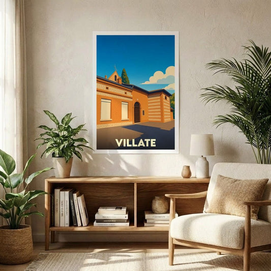 Affiche souvenir de la ville de Villate avec une illustration stylisée.