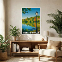 Affiche souvenir de la ville de Ville-d'Avray avec une illustration stylisée d'un lac bordé d'arbres.