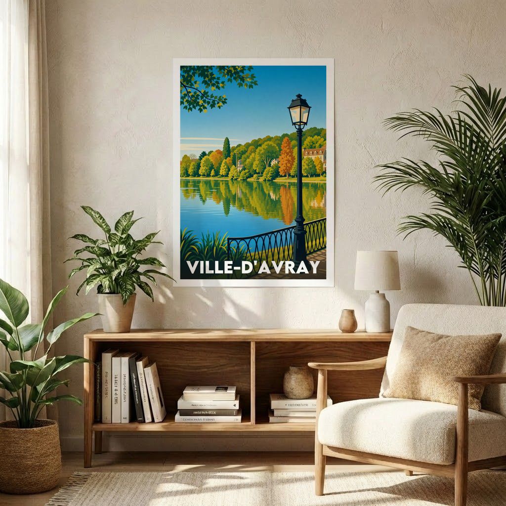 Affiche souvenir de la ville de Ville-d'Avray avec une illustration stylisée d'un lac bordé d'arbres.
