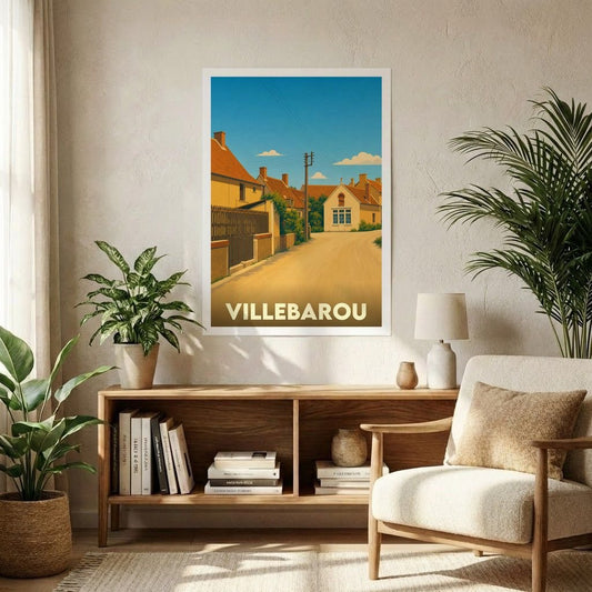 Affiche souvenir de la ville de Villebarou avec une illustration stylisée d'une rue ensoleillée.