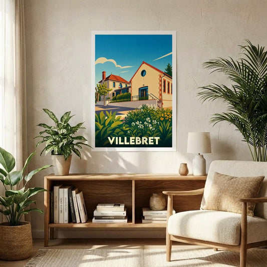 Affiche souvenir de la ville de Villebret avec une illustration stylisée et colorée.