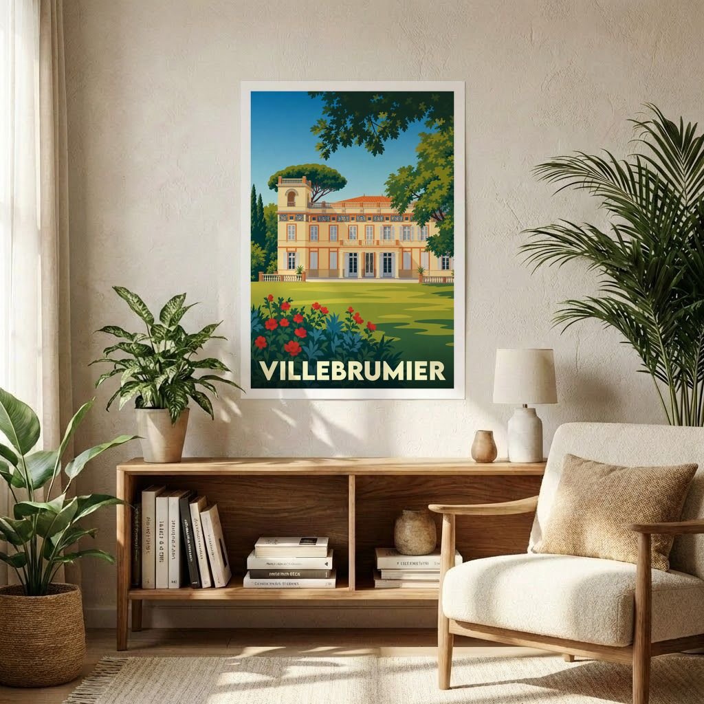 Affiche souvenir de la ville de Villebrumier avec une illustration stylisée de son château.