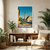 Affiche souvenir de la ville de Villecresnes avec une illustration stylisée de son architecture.