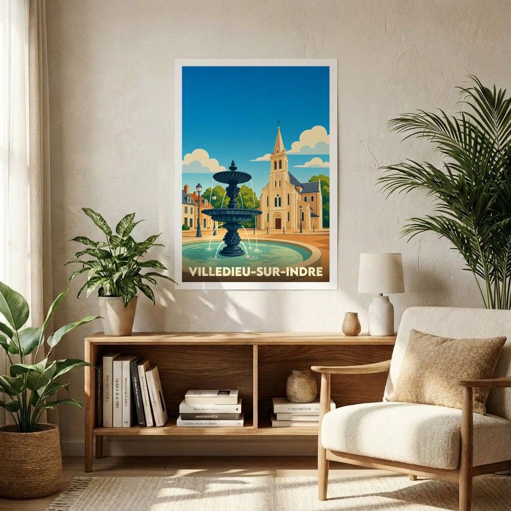 Affiche souvenir de la ville de Villedieu-sur-Indre avec une illustration stylisée de sa place et de son église.