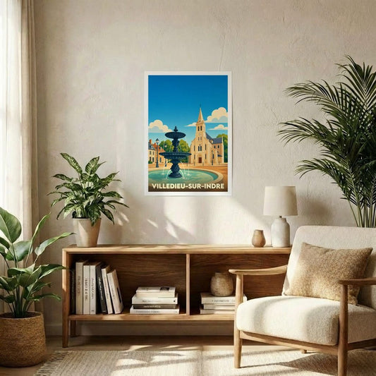 Affiche souvenir de la ville de Villedieu-sur-Indre avec une illustration stylisée d'une fontaine et d'une église.