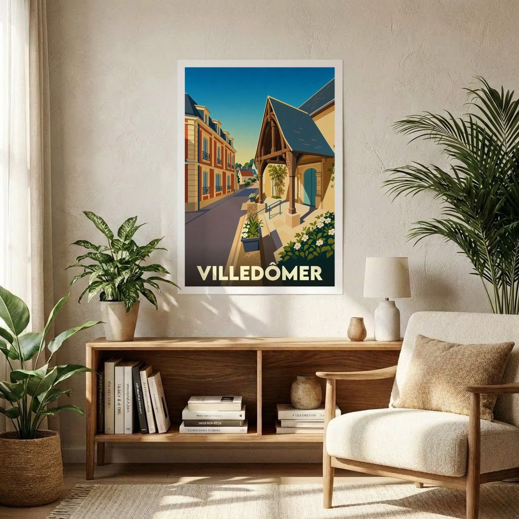 Affiche souvenir de la ville de Villedômer avec une illustration stylisée et colorée de ses rues.