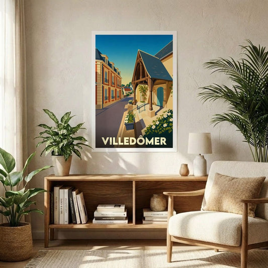 Affiche souvenir de la ville de Villedômer avec une illustration stylisée et colorée de ses rues.
