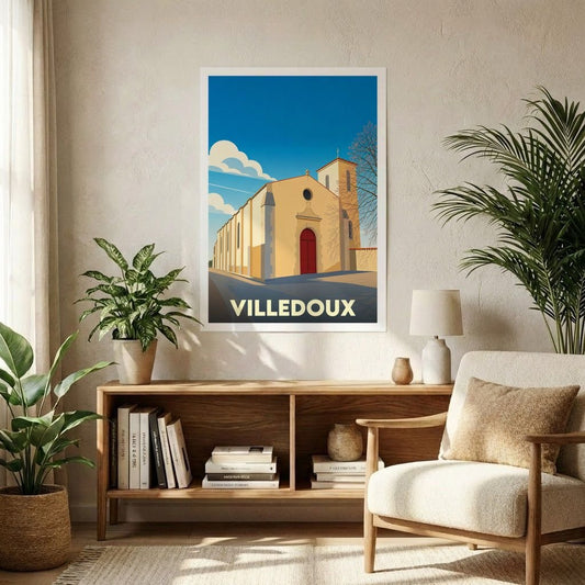 Affiche souvenir de la ville de Villedoux représentant son église dans un style graphique épuré.