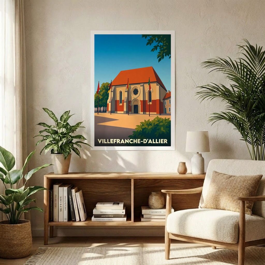 Affiche souvenir de la ville de Villefranche-d'Allier avec une illustration stylisée de son église sous un ciel bleu.