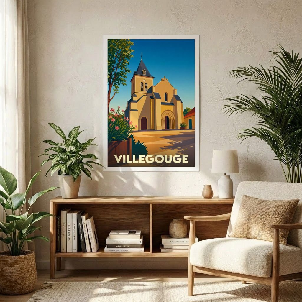 Affiche souvenir de la ville de Villegouge avec une illustration stylisée de son église sous un ciel bleu.