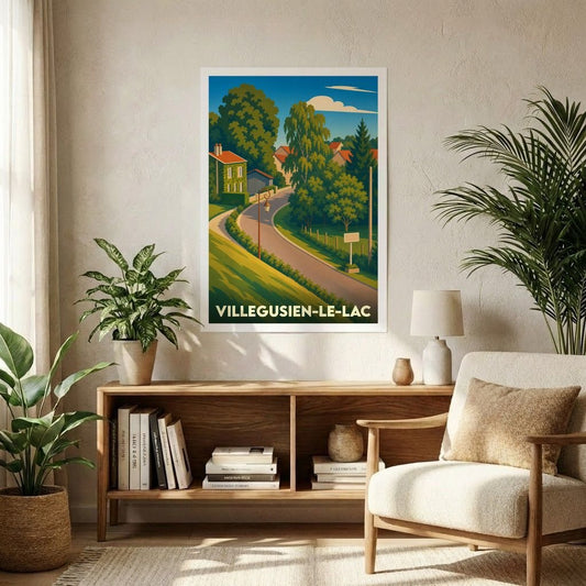 Affiche souvenir de la ville de Villegusien-le-Lac présentant une illustration stylisée d'un paysage de campagne pittoresque.
