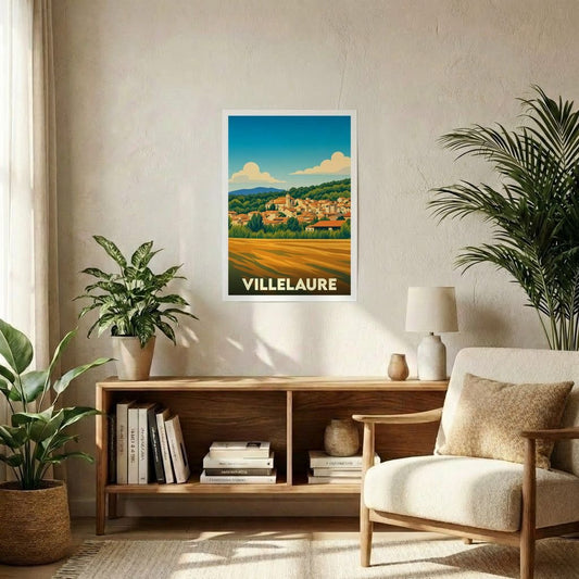 Affiche souvenir de la ville de Villelaure avec une illustration stylisée de style rétro.