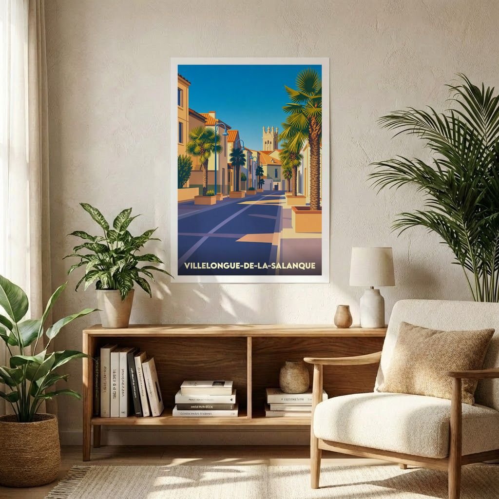 Affiche souvenir de la ville de Villelongue-de-la-Salanque avec une illustration stylisée d'une rue ensoleillée bordée de palmiers.