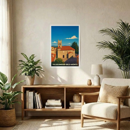 Affiche souvenir de Villelongue-dels-Monts avec une illustration stylisée du village sous un ciel bleu.