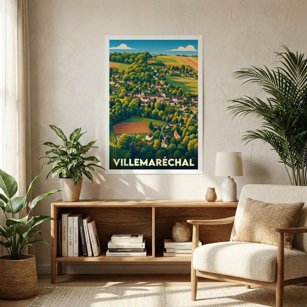 Affiche souvenir de la ville de Villemaréchal avec une illustration stylisée de son paysage vallonné.