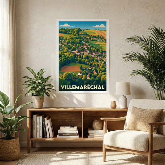 Affiche souvenir de la ville de Villemaréchal avec une illustration stylisée de son paysage vallonné.