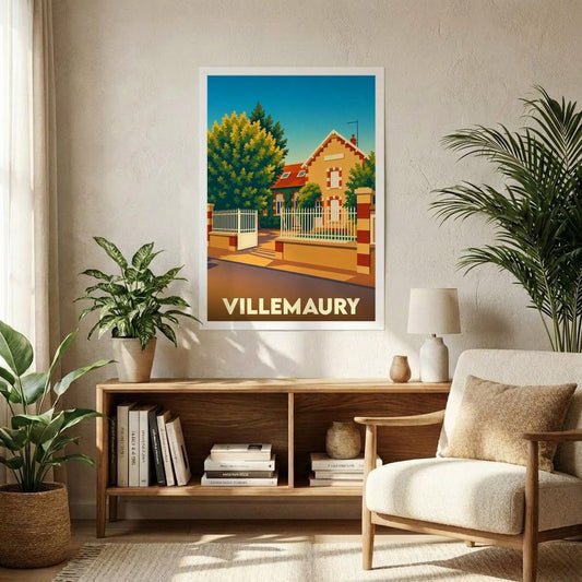 Affiche souvenir de la ville de Villemaury avec une illustration stylisée et colorée d'une maison de caractère.