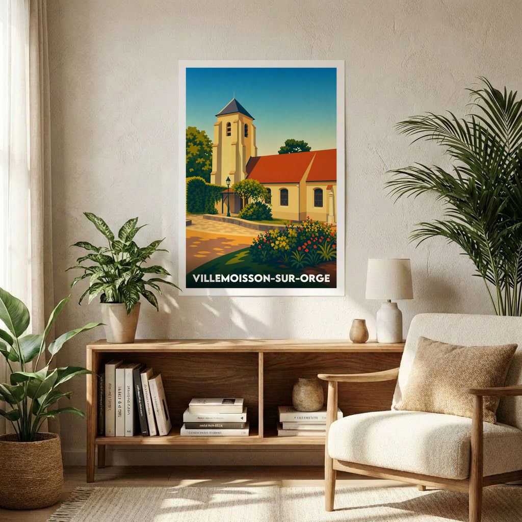 Affiche souvenir de la ville de Villemoisson-sur-Orge avec une illustration stylisée de son église et de son paysage.