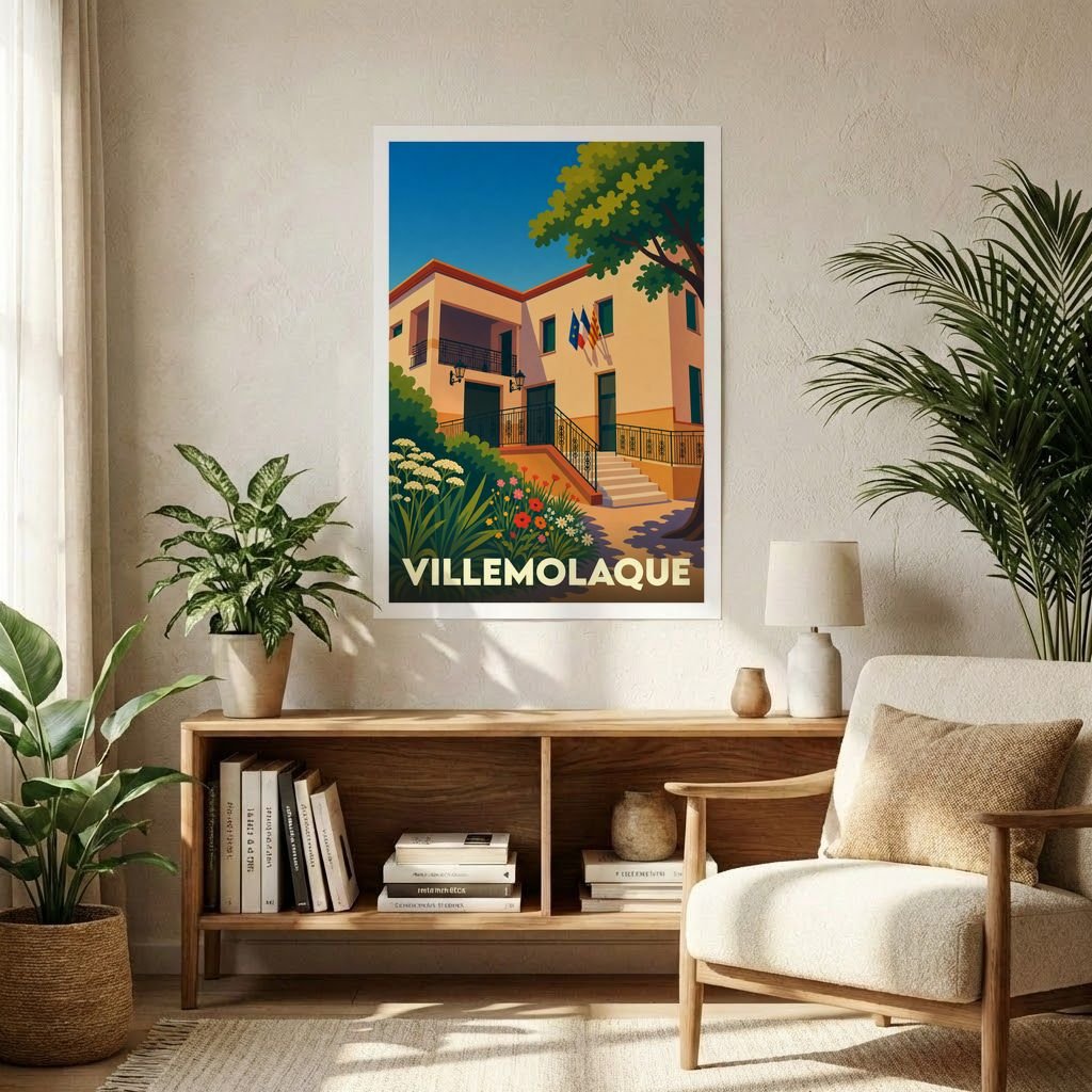 Affiche souvenir de la ville de Villemolaque avec une illustration stylisée d'un bâtiment ensoleillé et fleuri.