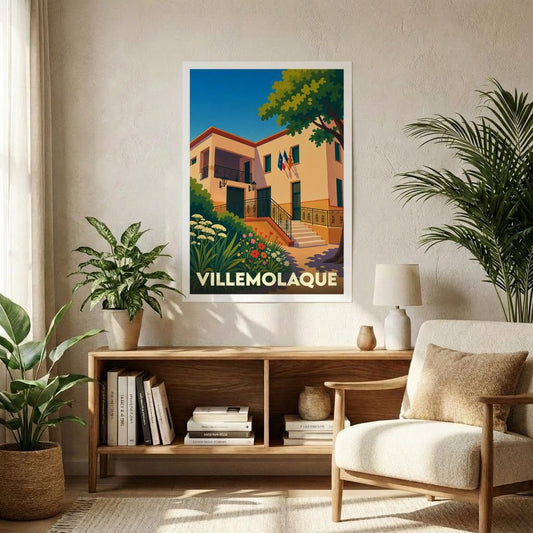 Affiche souvenir de la ville de Villemolaque avec une illustration stylisée d'un bâtiment ensoleillé et fleuri.