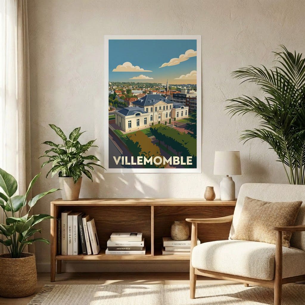 Affiche souvenir de la ville de Villemomble avec une illustration stylisée de son architecture et de son paysage urbain.