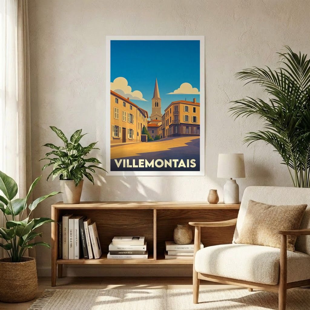 Affiche souvenir de la ville de Villemontais avec une illustration stylisée.