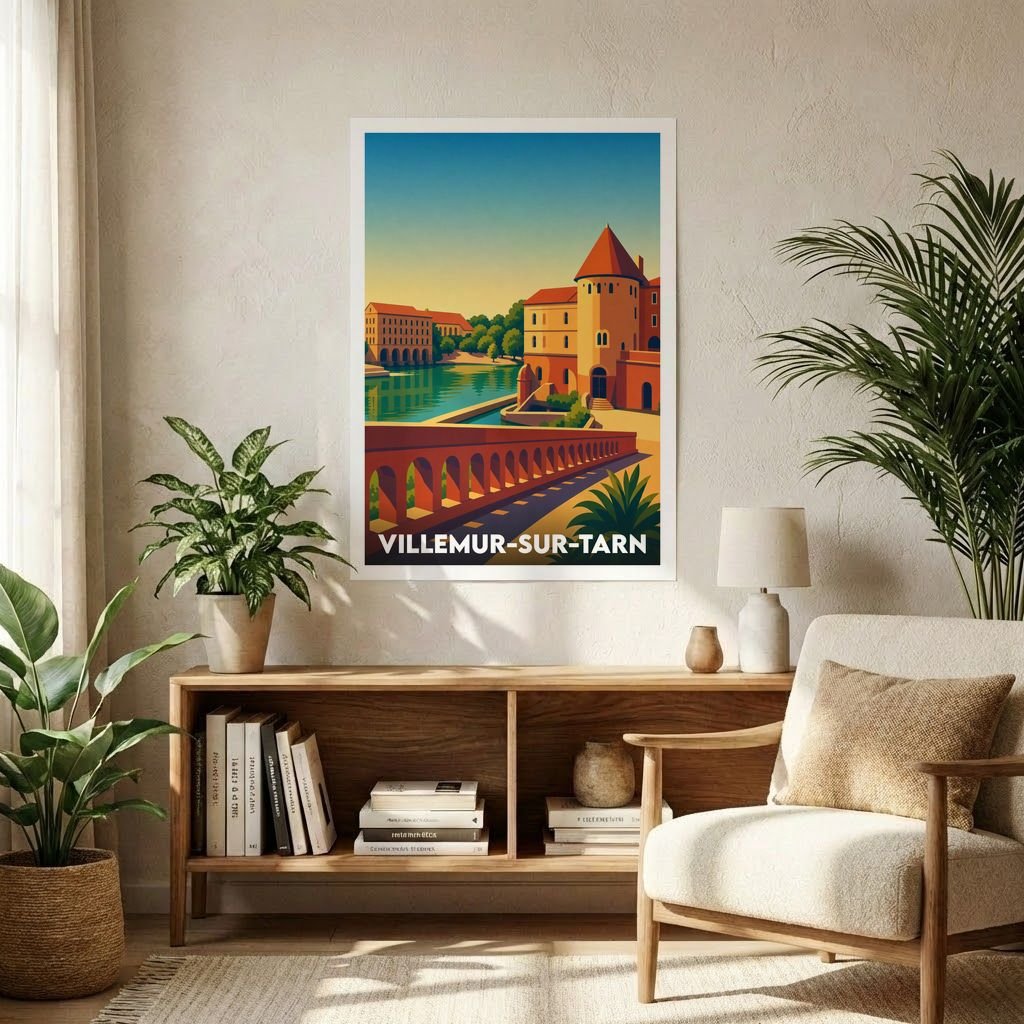 Affiche souvenir de la ville de Villemur-sur-Tarn avec une illustration stylisée.