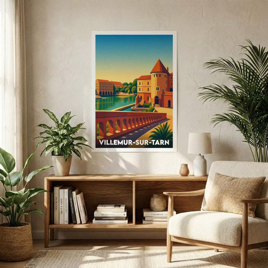 Affiche souvenir de la ville de Villemur-sur-Tarn avec une illustration stylisée.
