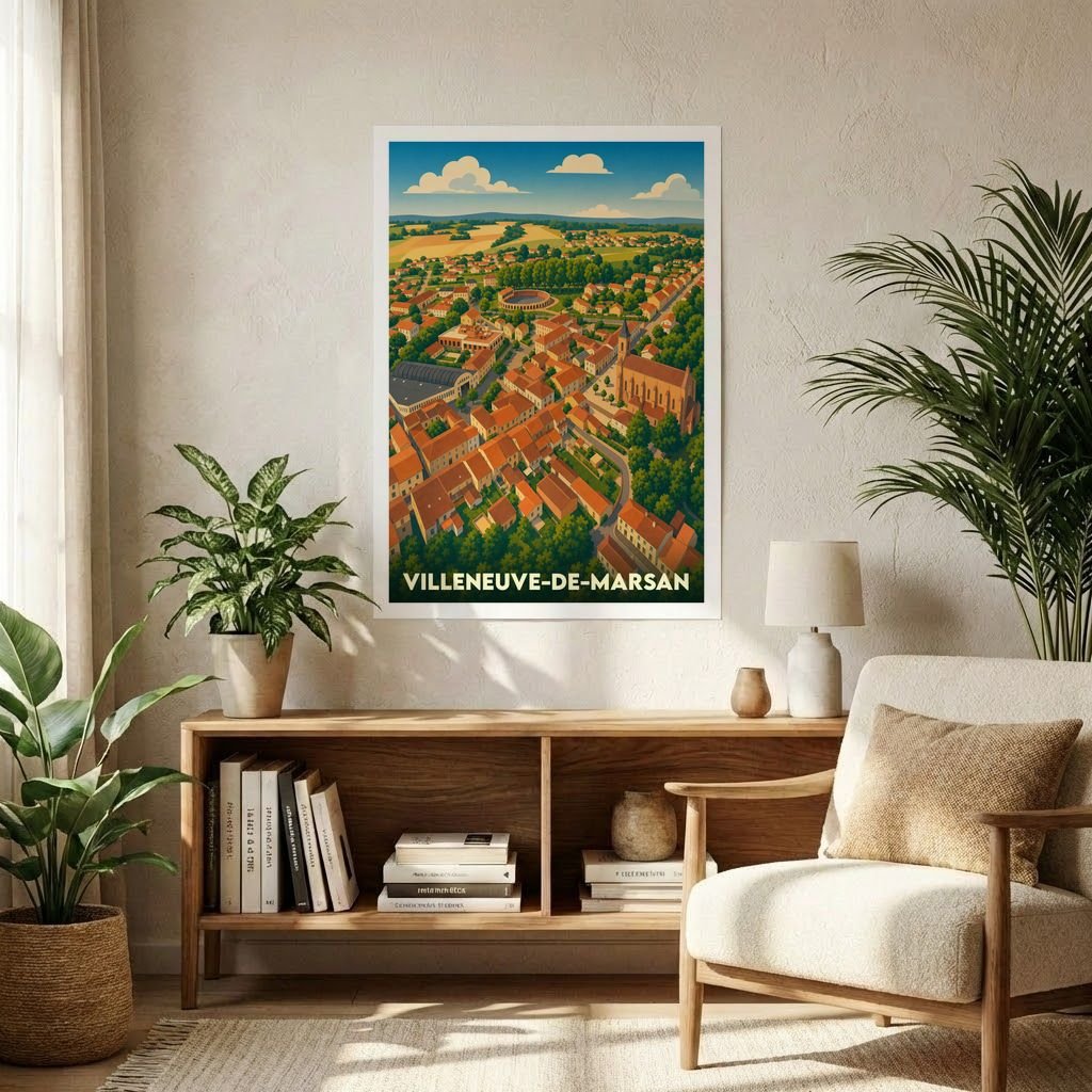 Affiche souvenir de la ville de Villeneuve-de-Marsan avec une illustration aérienne colorée et stylisée.