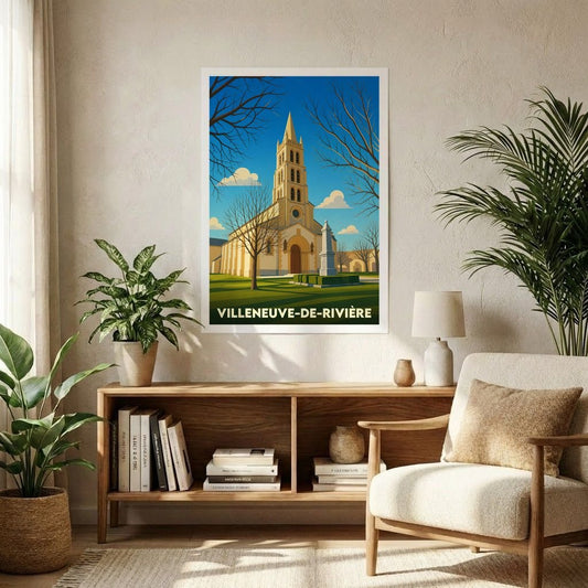 Affiche souvenir de la ville de Villeneuve-de-Rivière avec une illustration stylisée de son église.
