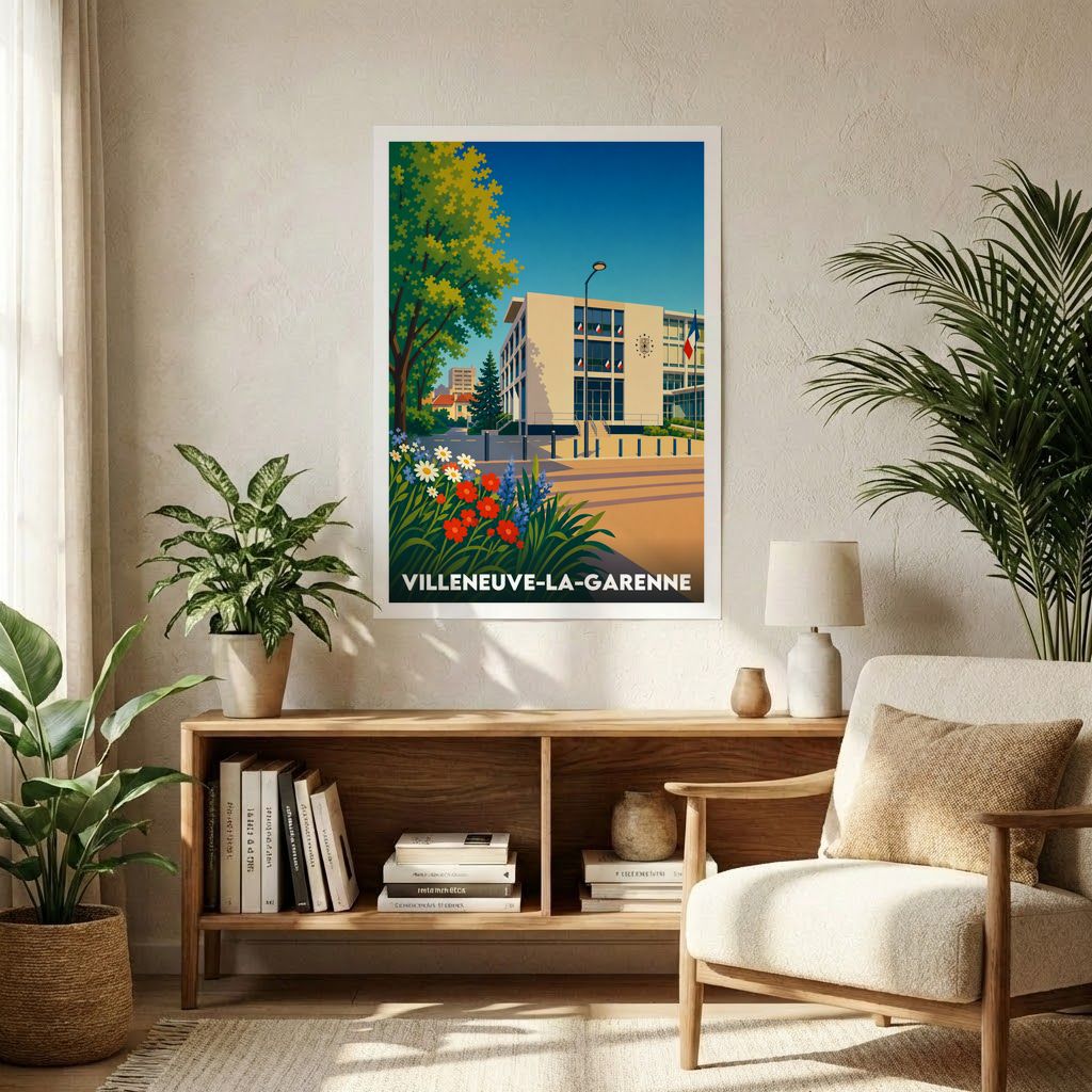 Affiche souvenir de la ville de Villeneuve-la-Garenne avec une illustration stylisée de l'hôtel de ville.