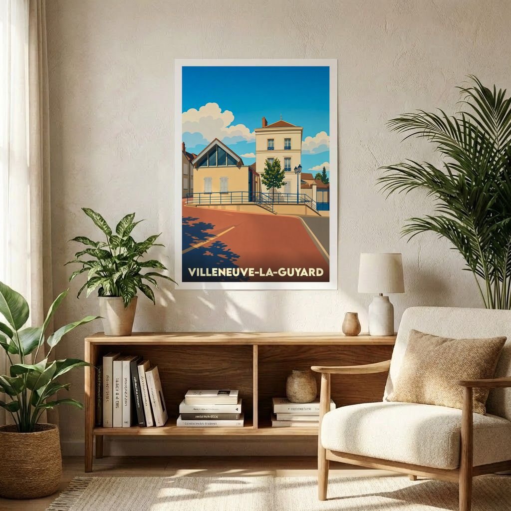 Affiche souvenir de la ville de Villeneuve-la-Guyard avec une illustration stylisée d'un paysage urbain ensoleillé.