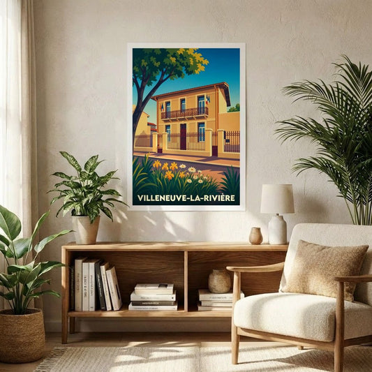 Affiche souvenir de la ville de Villeneuve-la-Rivière avec une illustration stylisée d'un bâtiment ensoleillé.