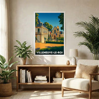 Affiche souvenir de la ville de Villeneuve-le-Roi avec une illustration stylisée.