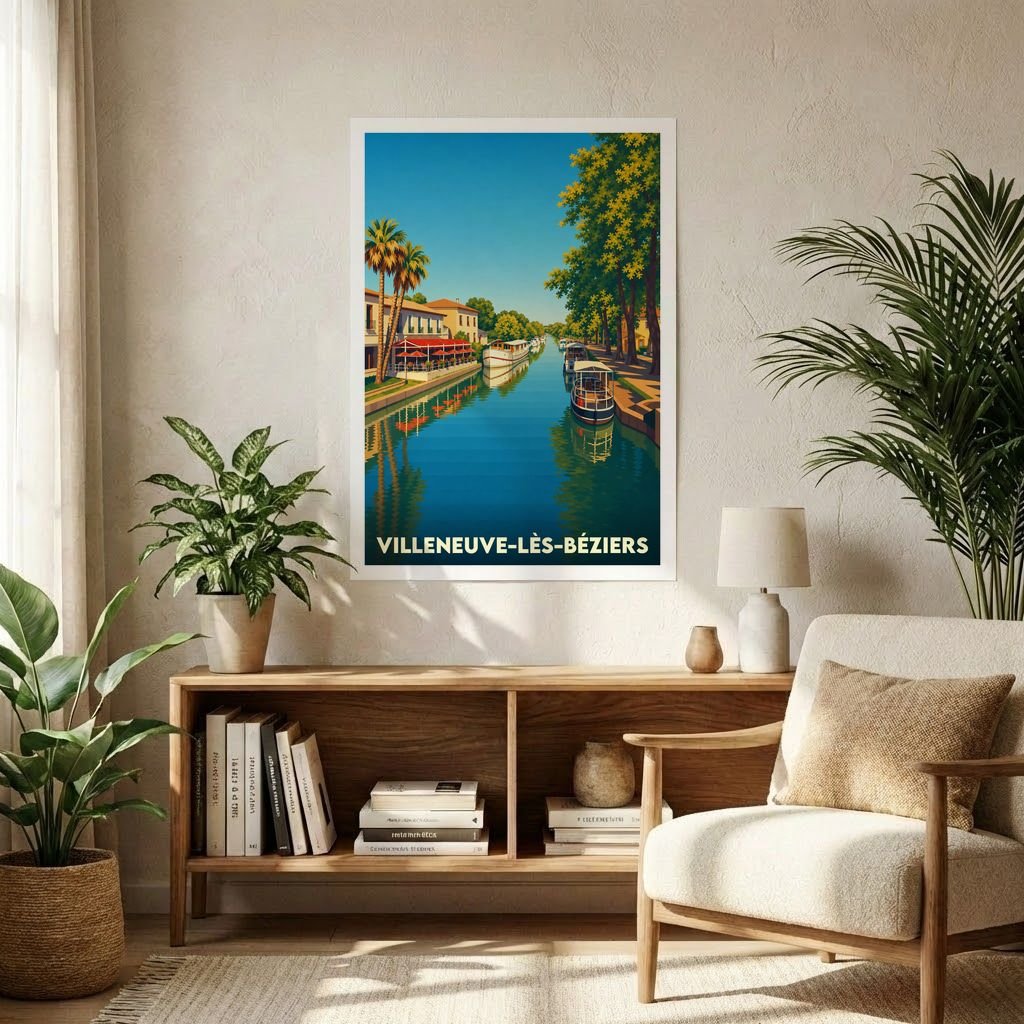 Affiche souvenir de la ville de Villeneuve-lès-Béziers avec une illustration stylisée du canal du Midi bordé de bateaux et de palmiers.