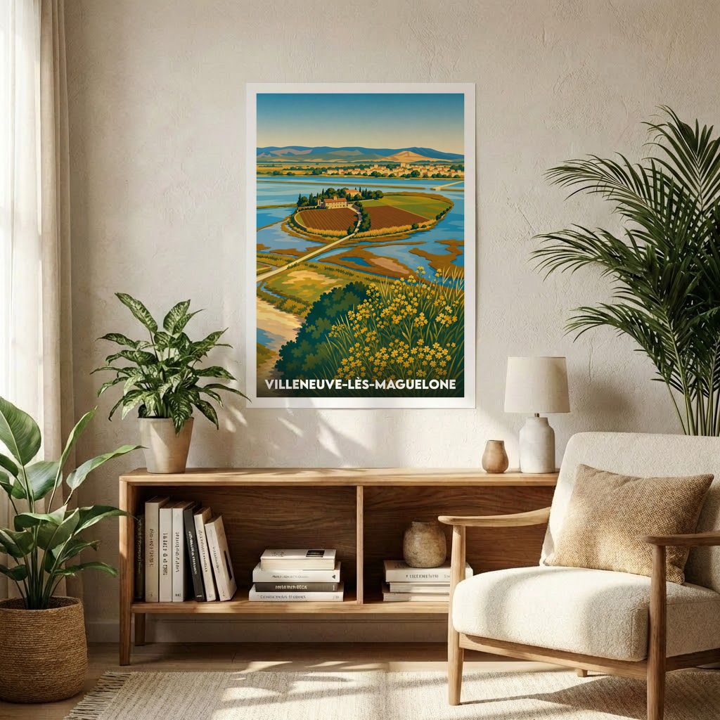 Affiche souvenir de la ville de Villeneuve-lès-Maguelone avec une illustration stylisée d'un paysage côtier.