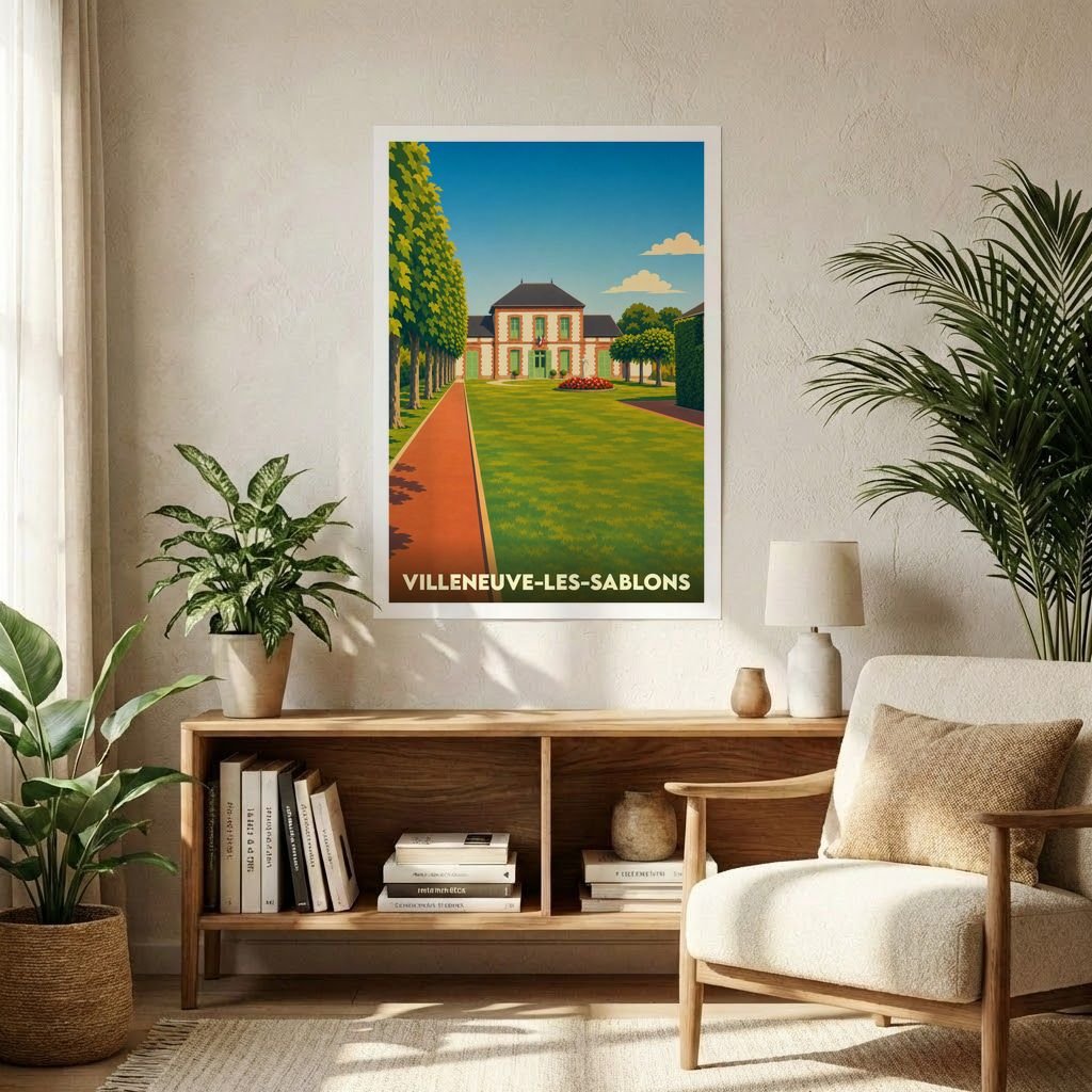 Affiche souvenir de la ville de Villeneuve-les-Sablons avec une illustration stylisée d'une demeure entourée d'un parc.