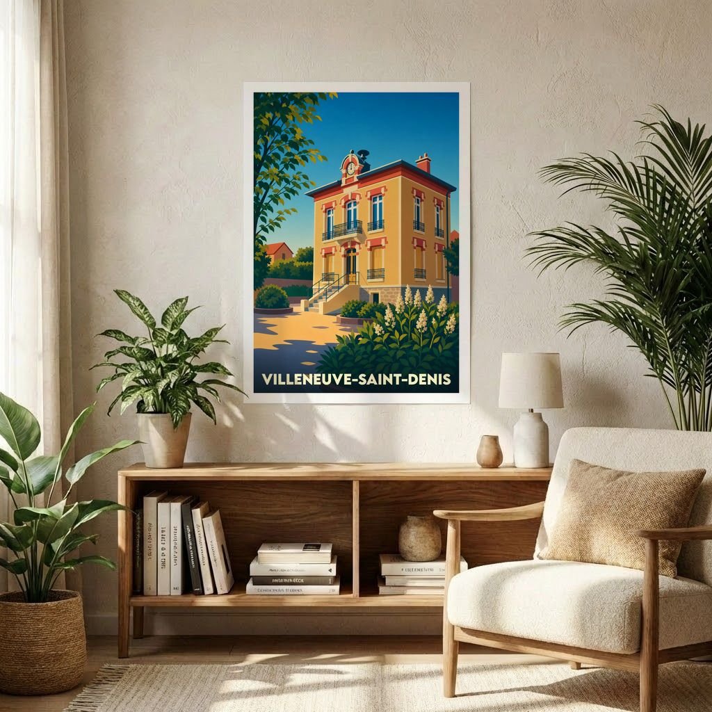 Affiche souvenir de la ville de Villeneuve-Saint-Denis avec une illustration stylisée et colorée de son architecture.