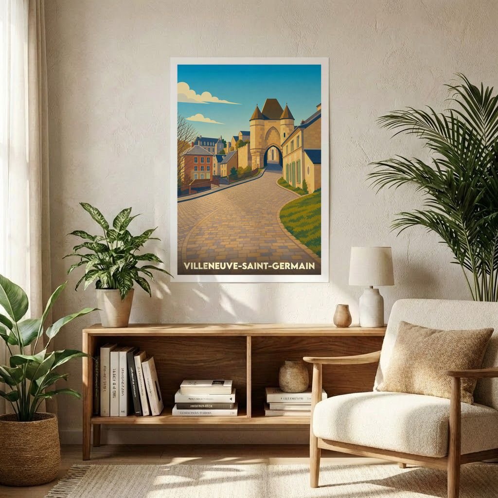 Affiche souvenir de la ville de Villeneuve-Saint-Germain avec une illustration stylisée d'une rue pavée menant à une porte médiévale.